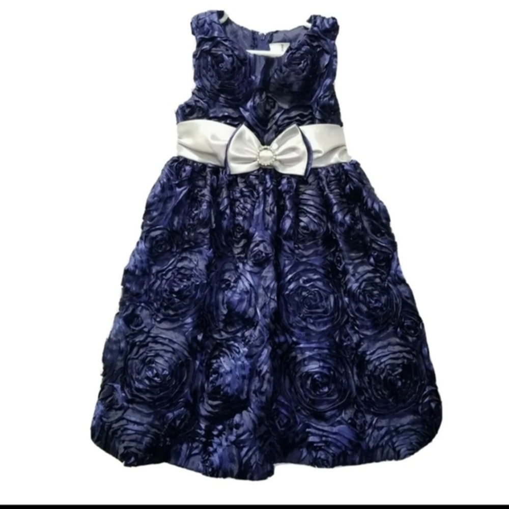 Navy blue rose roses rosette bow dress gown 3 3T